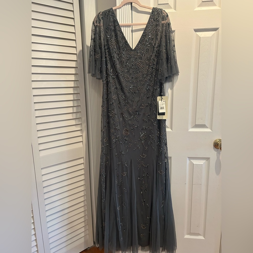 NEW Adrianna Papell Gray Scoop Back Beaded Gown - Picture 2 of 7